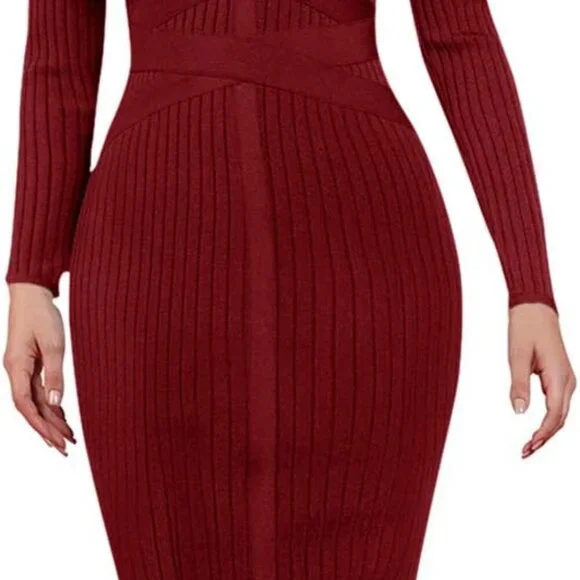 Red Long Sleeve Bodycon Dress with Mock Neck - Picture 8 of 13